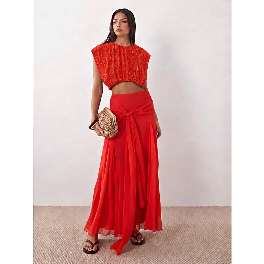 Tonlé Srey Upcycled Crop Top Red Orange Teal Dolman Sleeve Boho Size S/M